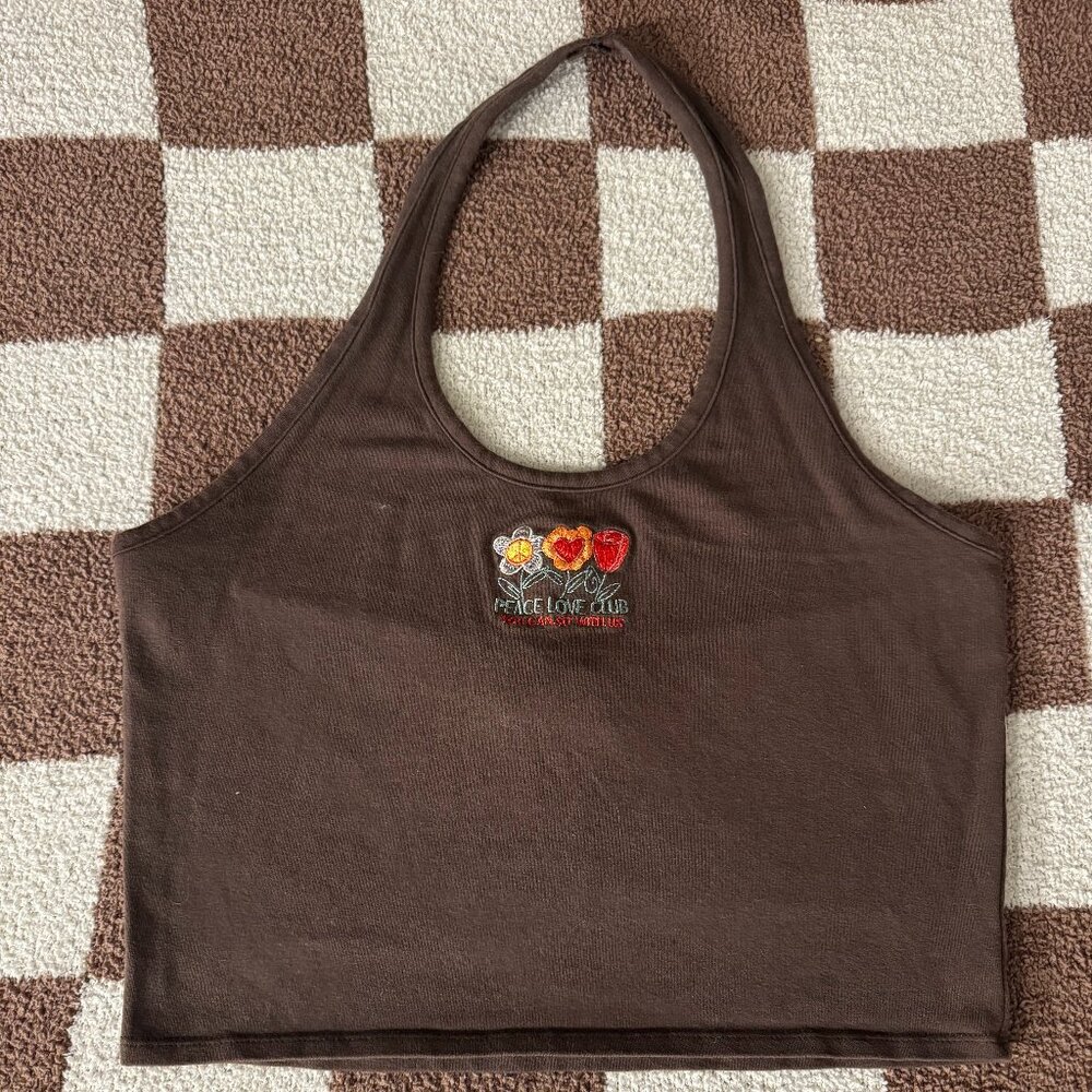 Petals by Petals and Peacocks Peace Love Club Brown Halter Top